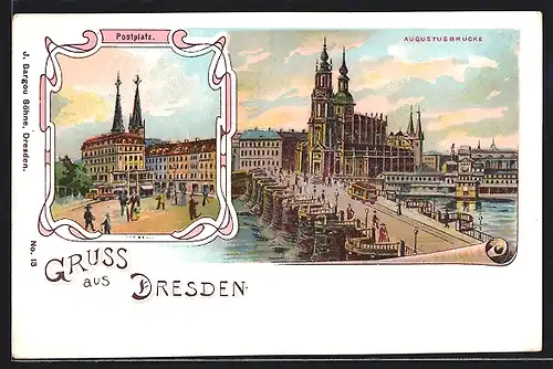 Lithographie Dresden, Postplatz, Augustusbrücke