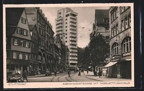 AK Stuttgart, Eberhardstrasse mit Tagblatt-Turmhaus
