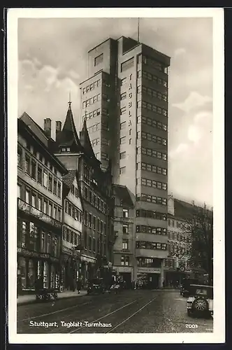 AK Stuttgart, Tagblatt-Turmhaus mit Strasse, Bauhaus