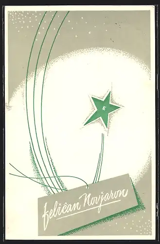 Künstler-AK Schriftzug Felican Novjaron mit E auf grünem Stern, Esperanto