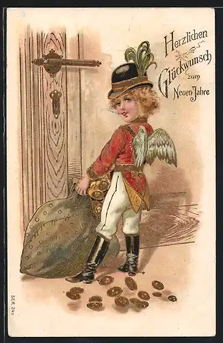 AK Neujahrsengel mit grossem Sack, aus dem einige Münzen herausfallen