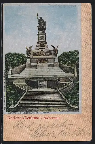Seiden-Imitations-AK Niederwald, Nationaldenkmal aus der Vogelschau