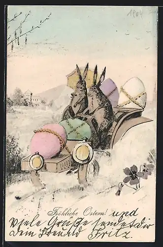 Künstler-AK Zwei Osterhasen fahren ein mit Ostereiern beladenes Auto, Ostergruss