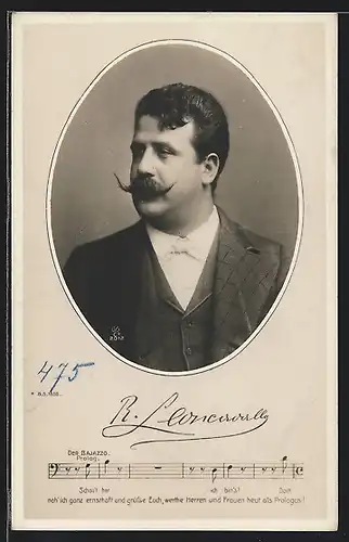 Passepartout-AK R. Leoncavallo, Portrait, Notenzeile aus Der Bajazzo