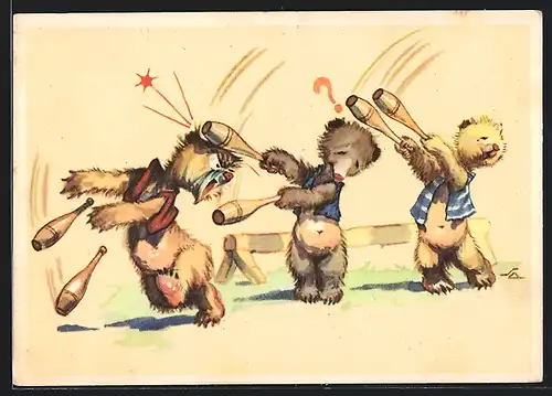 Künstler-AK verträumte Bärenkinder turnen mit Keulen
