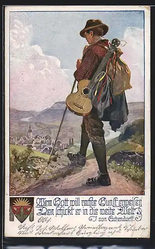 AK Deutscher Schulverein Nr. 878: Wanderer mit Gitarre und Rucksack auf einem Berggipfel
