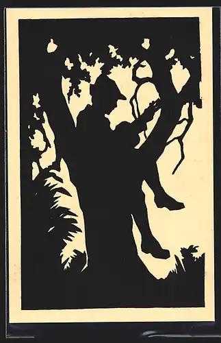 AK Junge mit einer Gitarre sitzt in einem Baum, Silhouette