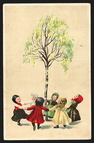 AK Kleine Kinder tanzen um einen Birkenbaum
