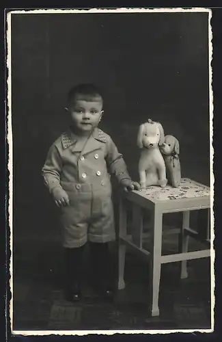 Foto-AK Kleiner Junge mit zwei Kuscheltierhunden