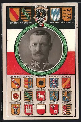 AK Kronprinz Rupprecht von Bayern im Lorbeerkranz mit Wappen