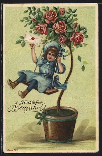 AK Geburtstagsgruss, Mädchen in blauen Kleidern auf einer Schaukel im Rosenbusch