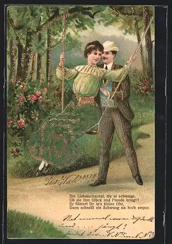 Präge-AK Eleganter Herr schwingt hübsche Dame auf einer Schaukel