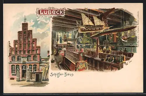 Lithographie Lübeck, Schiffer-Haus von innen und aussen