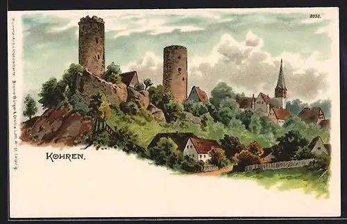 Lithographie Kohren, Ortsansicht mit Turmruinen