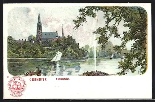 Lithographie Chemnitz, Partie am Schlossteich