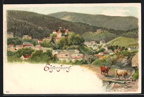 Lithographie Elgersburg, Blick von einer Anhöhe auf die Ortschaft