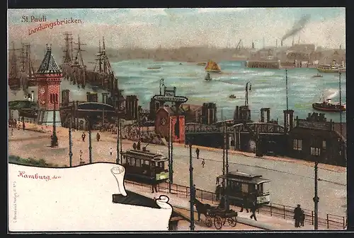 AK Hamburg-St. Pauli, Landungsbrücken mit Strassenbahn