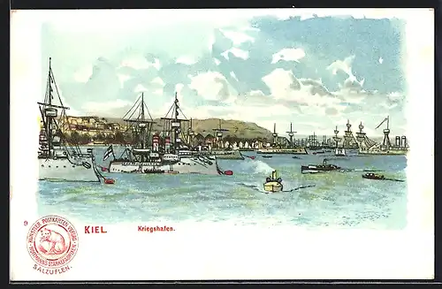 Lithographie Kiel, Blick um Kriegshafen