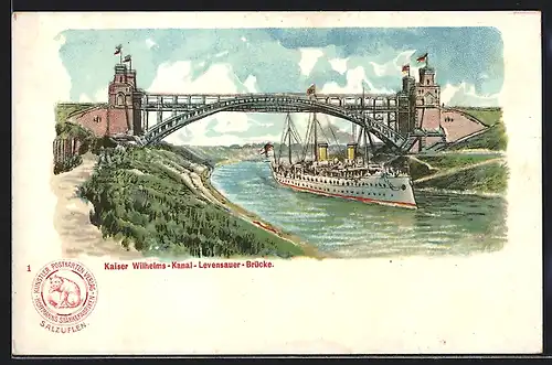 Lithographie Levensau, Kriegsschiff am Kaiser Wilhelms-Kanal mit Levensauer Brücke