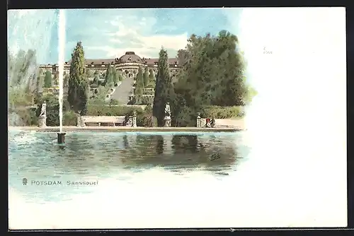 Lithographie Potsdam, Wasserfontaine am Schloss Sanssouci