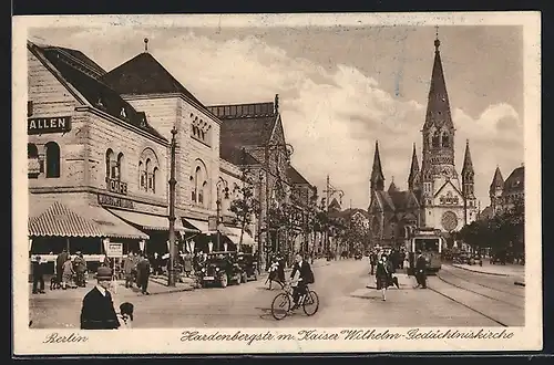 AK Berlin-Charlottenburg, Hardenbergstrasse mit Kaiser Wilhelm-Gedächtniskirche und Strassenbahn
