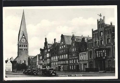 AK Lüneburg, Am Sande, Strassenpartie mit Kirche