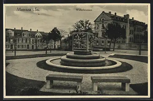 AK Meerane, Ortspartie mit Weberbrunnen