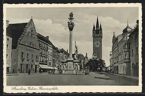 AK Straubing, Unterer Theresienplatz mit Brunnen und Geschäften