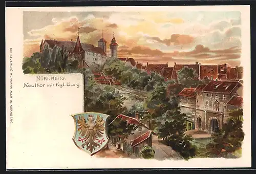Lithographie Nürnberg, Neutor mit Königlicher Burg, Wappen