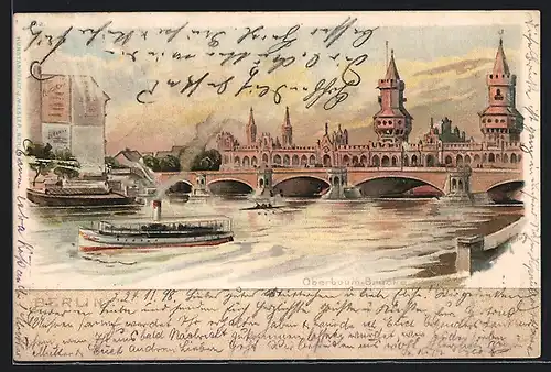 Lithographie Berlin-Friedrichshain, Oberbaum-Brücke, Dampfer