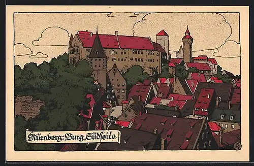 Steindruck-AK Nürnberg, Blick auf die Südseite der Burg