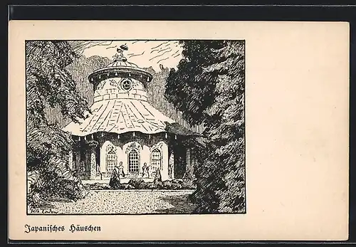 Künstler-AK Potsdam, Schloss Sanssouci, Japanisches Häuschen im Sonnenschein