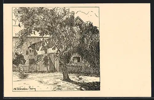 Künstler-AK Grünberg, Baum im Schlosshof