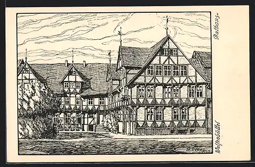 Künstler-AK Wolfenbüttel, Rathaus, von der Strasse gesehen