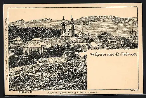 Künstler-AK Hermann Daur: Sankt Peter / Schwarzwald, Ortsansicht mit Kirche