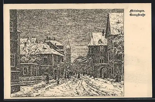 Künstler-AK Meiningen, Georgstrassse mit Kirche und Passanten im Winter
