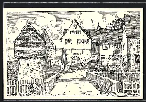 Künstler-AK Waldenburg / Württ., Brücke zum Ort