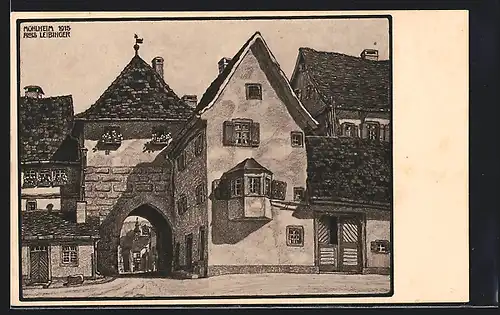 Künstler-AK Mühlheim /Donau, Ortspartie mit Tor