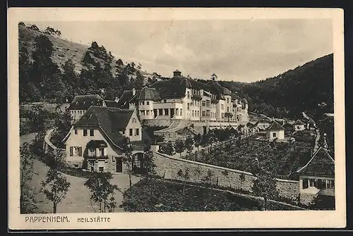 AK Pappenheim, Strassenpartie mit Heilstätte aus der Vogelschau