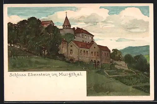 Lithographie Gernsbach, Blick auf das Schloss Eberstein