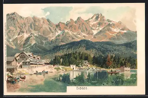 Lithographie Eibsee, Teilansicht mit Landschaftspanorama