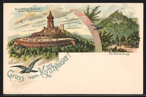 Lithographie Kyffhäuser, Kaiser Wilhelm-Denkmal, Blick zur Rothenburg, früher Druck