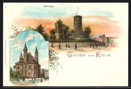 Lithographie Köln, alte Bottmühle, Apostel-Kirche
