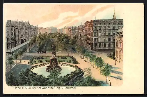 Lithographie Köln-Neustadt, Kaiser-Wilhelm-Ring mit Denkmal
