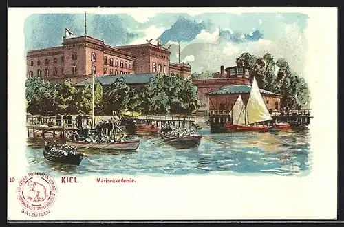 Lithographie Kiel, Marineakademie wasserseitig gesehen