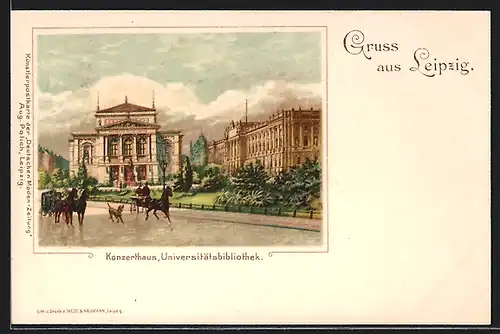 Lithographie Leipzig, Konzerthaus und Universitätsbibliothek, Strassenansicht mit Kutschen