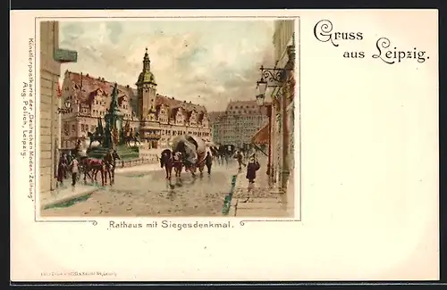 Lithographie Leipzig, Rathaus mit Siegesdenkmal, Pferdegespann