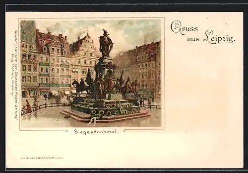 Lithographie Leipzig, Siegesdenkmal und Umgebung
