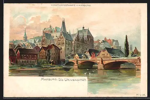 Lithographie Marburg, Universität und Brücke