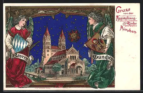 AK München, Maximilians-Kirche mit Engeln & Wappen